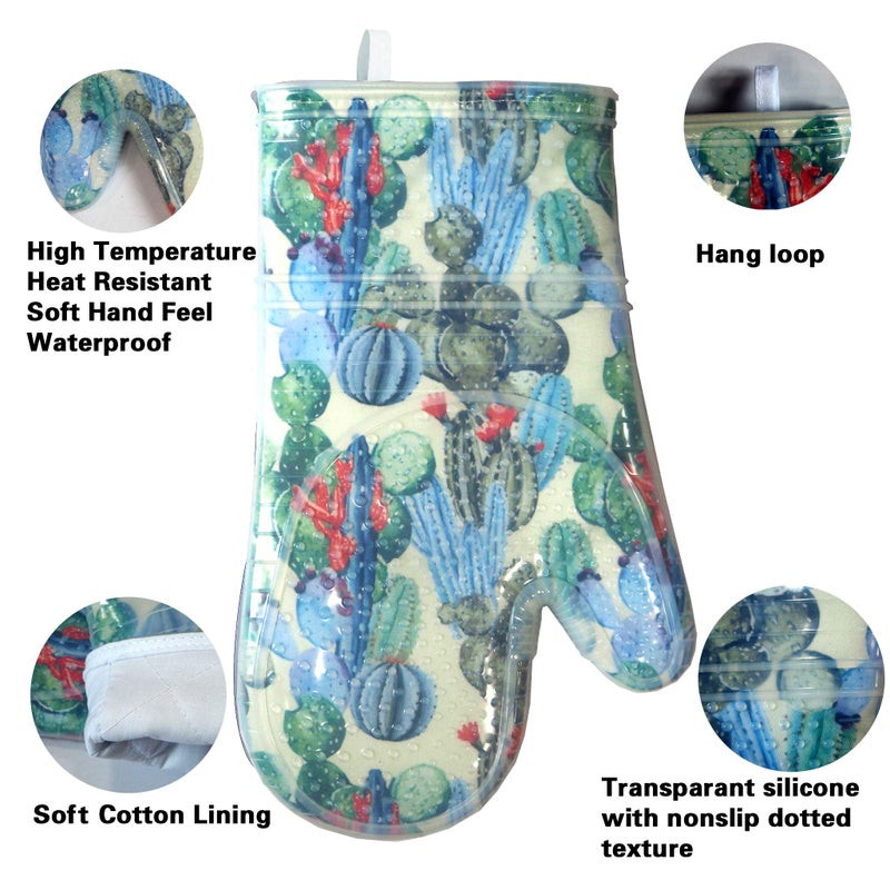 RED LMLDETA Oven Mitts Set of 2 with Transparent Clear Silicone Shell and Nice Cactus Flower Cotton Lining, Heat Resistant to 500 F Kitchen Oven Gloves Pot Holder for Cooking (Cactus Flower, Oven Mitts) - Image 3